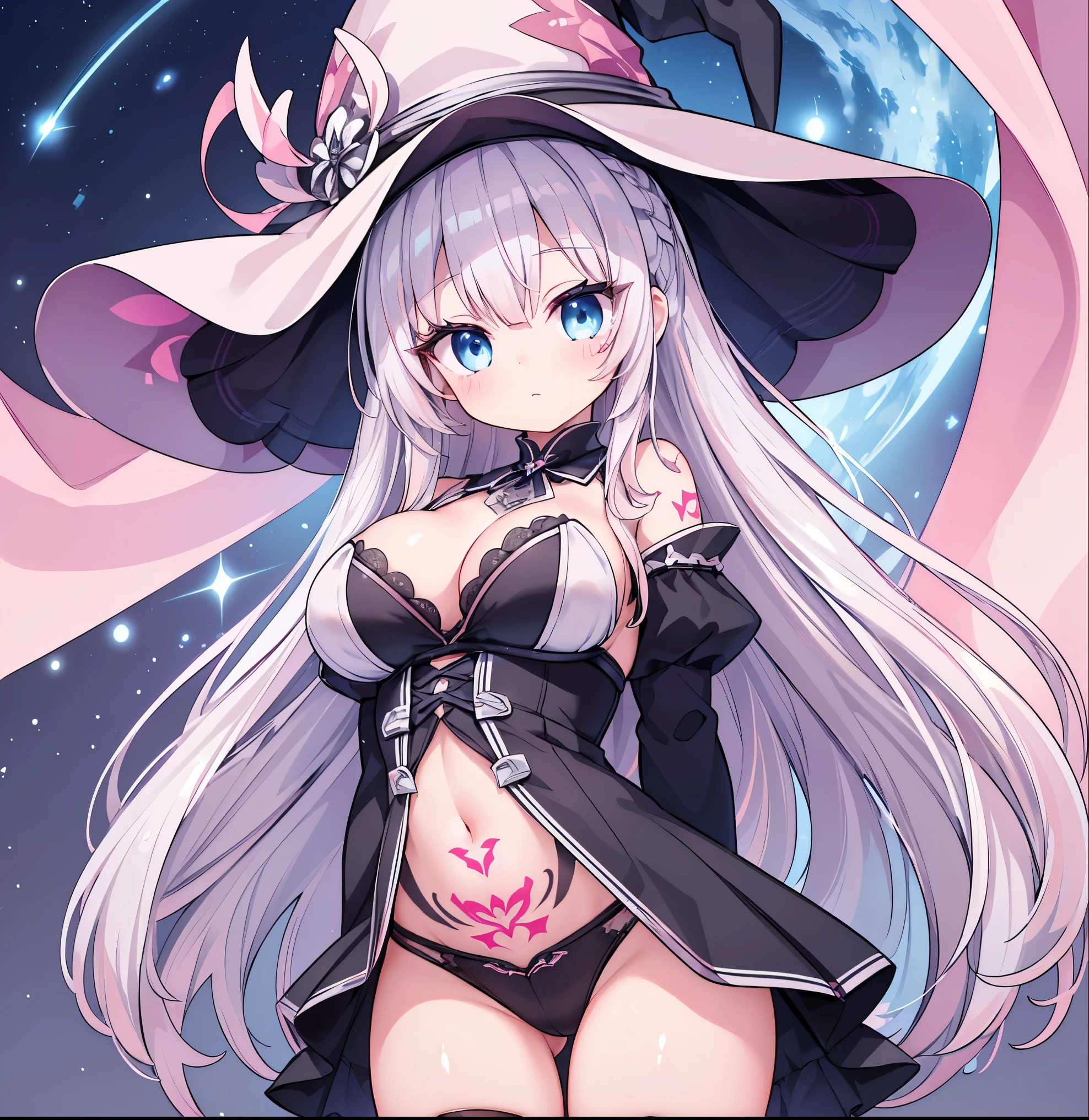 Extremely detailed CG unified 8k wallpaper, Very beautiful 8KCG wallpaper, best quality ,Super detailed ,Pretty Face ,masterpiece、Top image quality、top quality、(silver hair:1.6)、Light blue witch costume、Witch Hat、Light blue eyes,Background is starry sky,Open the chest,Large Breasts,Wear suspender black silk,Black stockings,Bare belly,(There are pink tattoos on the abdomen:1.6),(Arms behind your back,This way you won't be able to see it:1.8),Draw a prominent nose
