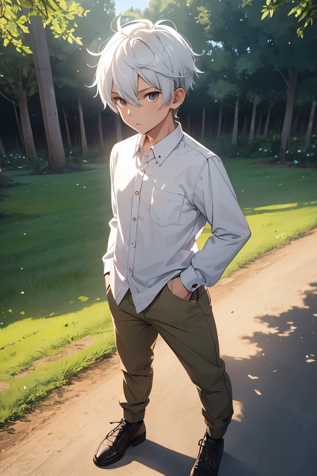 anime character, a young man, short stature, white hair, wearing long sleeved shirt, khaki pants, old shoes, in fighting position, at a farm, best quality, lights all over, full body, outdoors