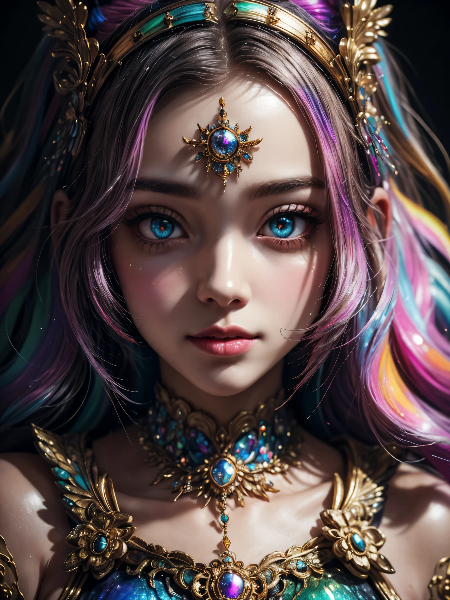 this artwork should be colorful and evoke feelings of euphoria and ecstasy. generate a beautiful fantasy woman with an interesting and dynamic manic expression. the woman is dressed in the style of harajuku decora fashion. there are many intricate and highly detailed decora fashion accents. clothing is ornate and extravagant with contrasting colors, textures, and patterns. include strong influences from lisa frank. include many awe-inspiring fantasy elements. ((include phantasmal iridescence, crystals, bumps, and rainbow colors that drip like paint through the artwork.)) rainbow paint should drip through hair and onto face and body. pay particular attention to a beautifully detailed face with realistic shading. include 8k eyes, highly detailed eyes, realistically detailed eyes, macro eyes, bright eyes. the overall feeling of this artwork should be happiness and excitement. the artwork should be highly ornate. impress me. the artwork should be highly creative and ultra ornate. include many decora decorations and accessories. (fantasy00d), high quality, highres, detail enhancement