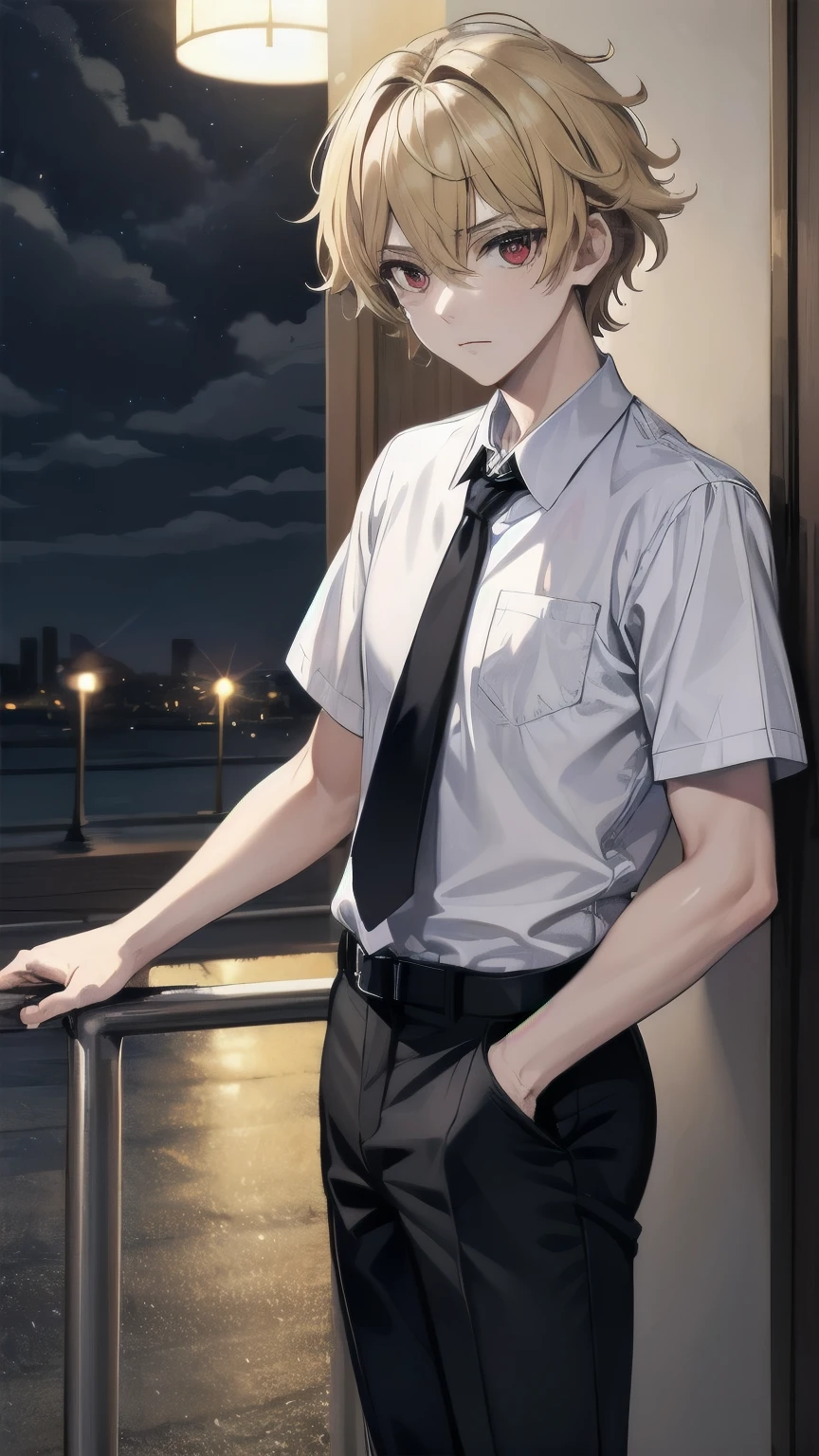 (masterpiece), best quality, expressive eyes, perfect face, mature male, (1boy, man), solo, blond hair, messy hair, , red eyes BREAK white shirt BREAK short sleeves, black pants BREAK glaring at viewer, :/, standing, (dark sky, dark clouds), night, outdoors