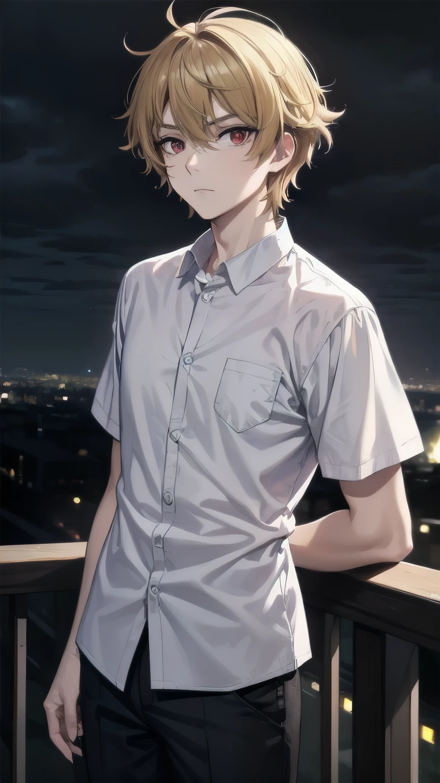 (masterpiece), best quality, expressive eyes, perfect face, mature male, (1boy, man), solo, blond hair, messy hair, , red eyes BREAK white shirt BREAK short sleeves, black pants BREAK glaring at viewer, :/, standing, (dark sky, dark clouds), night, outdoors 