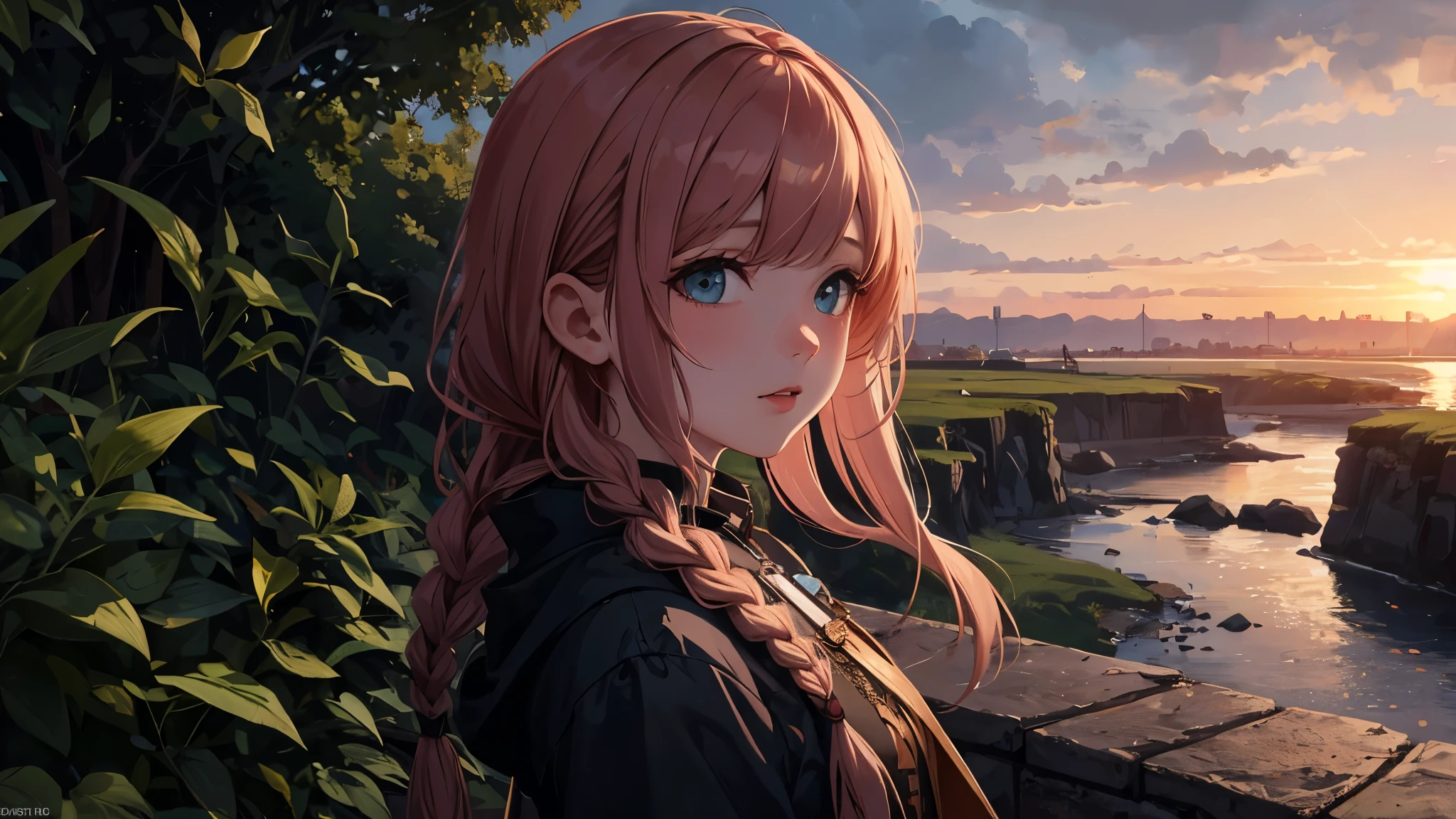 (masterpiece misguided style, best quality, dusk:1.3), a cute irish girl, portrait-type, copper, chubby, , gray waterfall braid, sunset background, Exquisite, trending on CGSociety