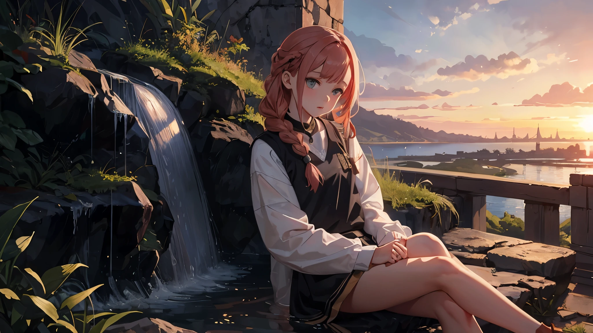 (masterpiece misguided style, best quality, dusk:1.3), a cute irish girl, portrait-type, copper, chubby, , gray waterfall braid, sunset background, Exquisite, trending on CGSociety