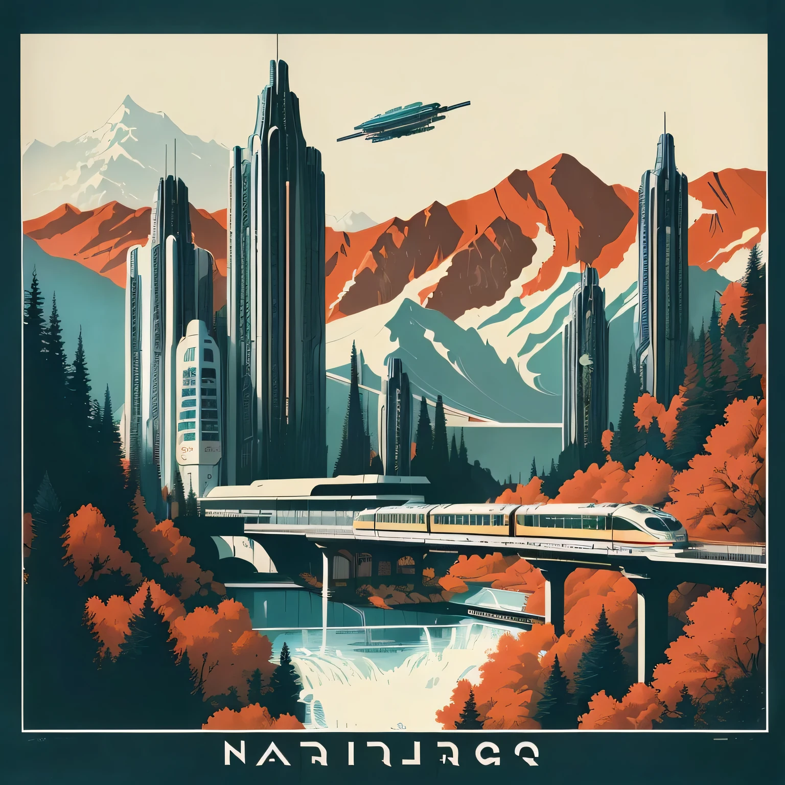 there is a train on a bridge over a river with mountains in the background, komatsuzaki retro-futurism, retro futurism art, retro futurism, art deco sci fi, retro futuristic illustration, official poster artwork, retro futurism style, retro - futurism, retro-futurism, retro sci - fi art, martin ansin, official print, futuristic utopian metropolis