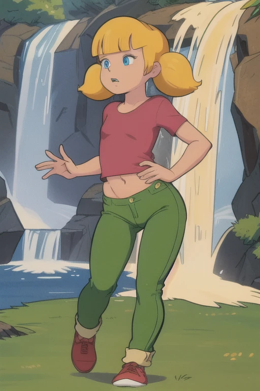 masterpiece, best quality, 1girl, penny, blonde hair, twintails, blunt bangs, blue eyes, red shirt, green pants, brown shoes, (wristwatch:0.6), full body, standing, contrapposto, solo, simple background running pose, waterfall background, flat torso, ass