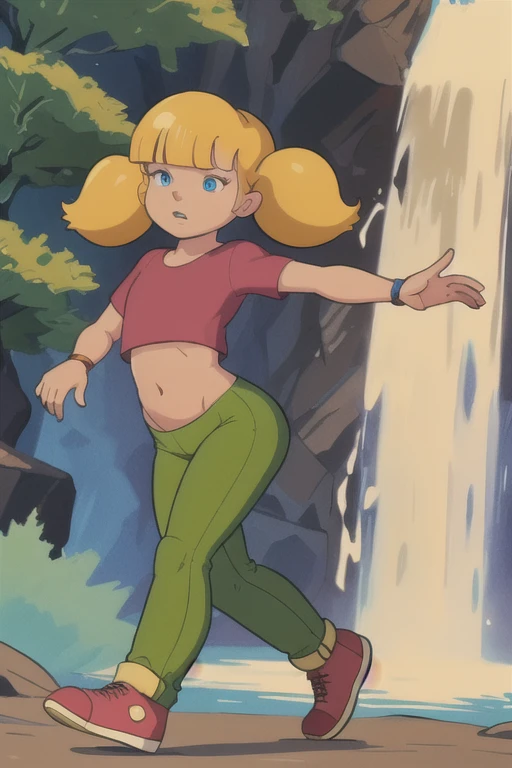 masterpiece, best quality, 1girl, penny, blonde hair, twintails, blunt bangs, blue eyes, brown shoes, (wristwatch:0.6), full body, waterfall background, flat torso, ass, pussy, sitting in knees, shy, wet body, nude body 