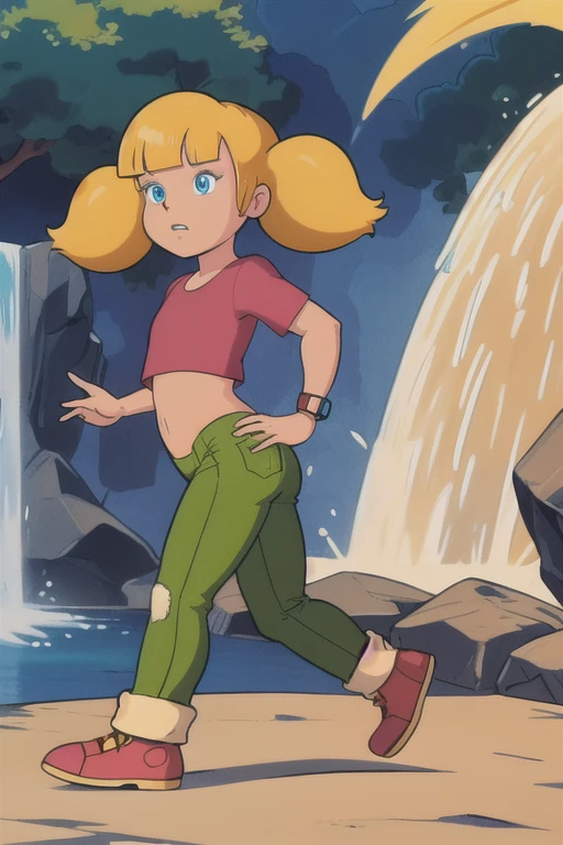 masterpiece, best quality, 1girl, penny, blonde hair, twintails, blunt bangs, blue eyes, red shirt, green pants, brown shoes, (wristwatch:0.6), full body, standing, contrapposto, solo, simple background running pose, waterfall background, flat torso, ass