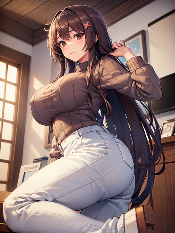 (Obra maestra)), ((mejor calidad)), (ultra detallado), ((kawaii)), lindo, (hermoso), ((extremadamente detallado)), 4k, (8k), mejor calidad, (hermoso),(((Calidad de clase mundial))), extremadamente detallado, high resolution, (cara bonita sombreada detallada), cuerpo completo, adolescente, solo, (((pechos gigantes))), (((Saggy breasts))), primavera_Traje, (brown sweater), (sweater), (acanalado_sweater), (Largo_mangas), (blanco_pantalones),
