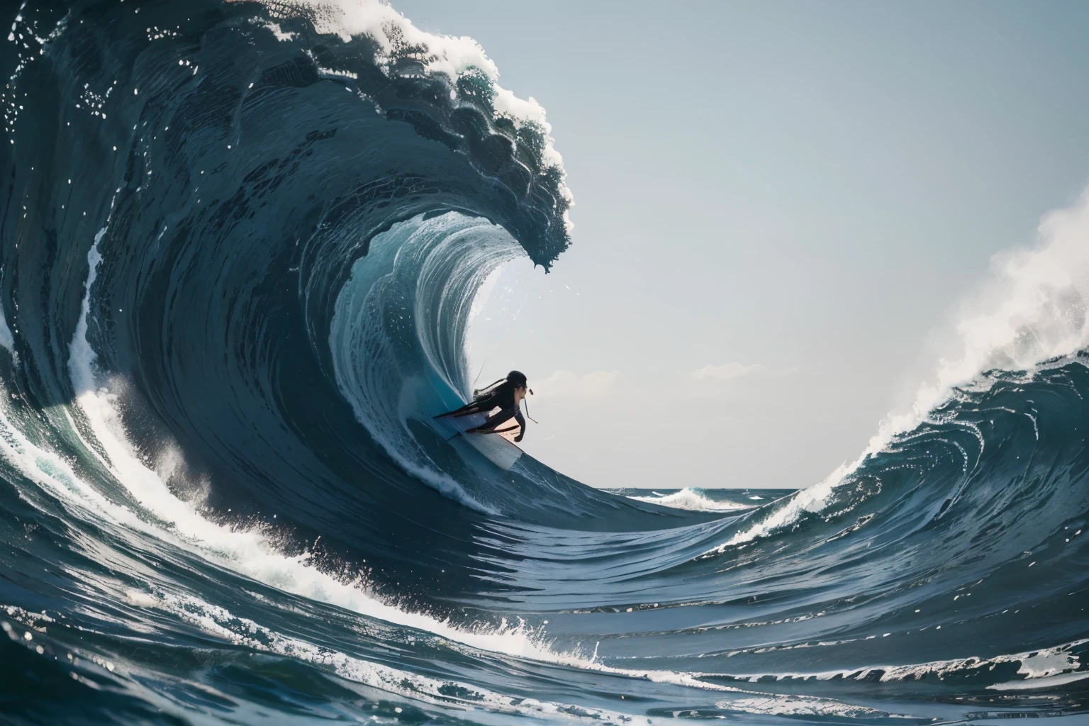 A striking black Indian ink monochrome Japanese print of a young girl surfing a massive wave inspired by the iconic works of the Japanese artist Hokusai. The girl dons a traditional Japanese swimsuit, gracefully balancing on her surfboard as she rides the colossal wave. The background is filled with crashing waves, evoking a sense of raw power and energy. The artist's signature, written in small, red, and elegant Japanese script, is placed in the lower right corner, paying tribute to the original artistic influence. This captivating illustration masterfully remains the essence of Japanese art, illustrations, painting, illustration