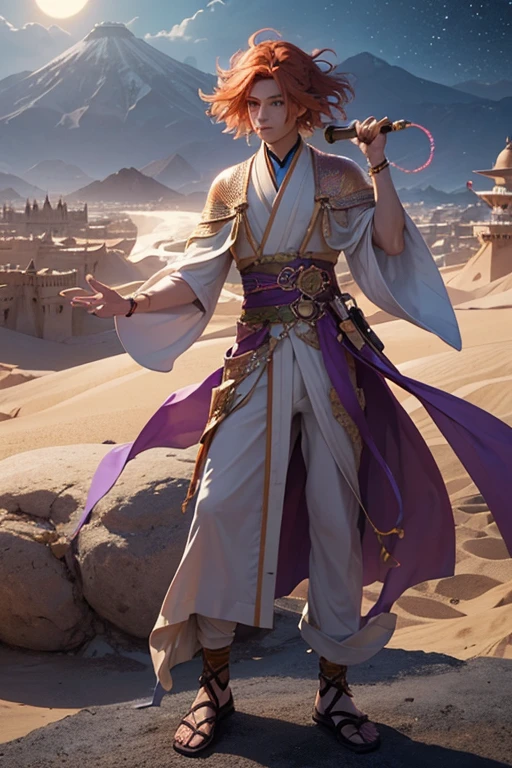 Young man, effeminate face, wizard, shapeshifter, short wavy orange hair, freckles, fluorescent violet eyes, Japanese , oriental, desert, marble castle, detailed face, detailed eyes, detailed hair, full body, desert greenery, desert plant, wind, magic wand, Arab city.