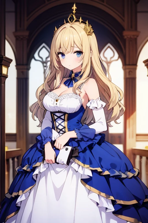 
In a luxurious room, a beautifully dressed female character stands. She wears a crown atop her head, and her gorgeous dress combines shades of blue and gold. The dress features ruffles at the shoulders and a large ribbon at the hem. Her long, wavy, and curly hair is rendered with realistic color and texture.
