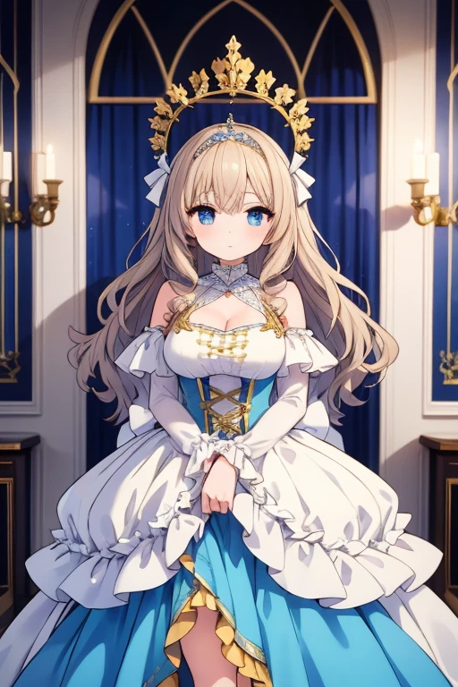 In a luxurious room, a beautifully dressed female character stands. She wears a crown atop her head, and her gorgeous dress combines shades of blue and gold. The dress features ruffles at the shoulders and a large ribbon at the hem. Her long, wavy, and curly hair is rendered with realistic color and texture.