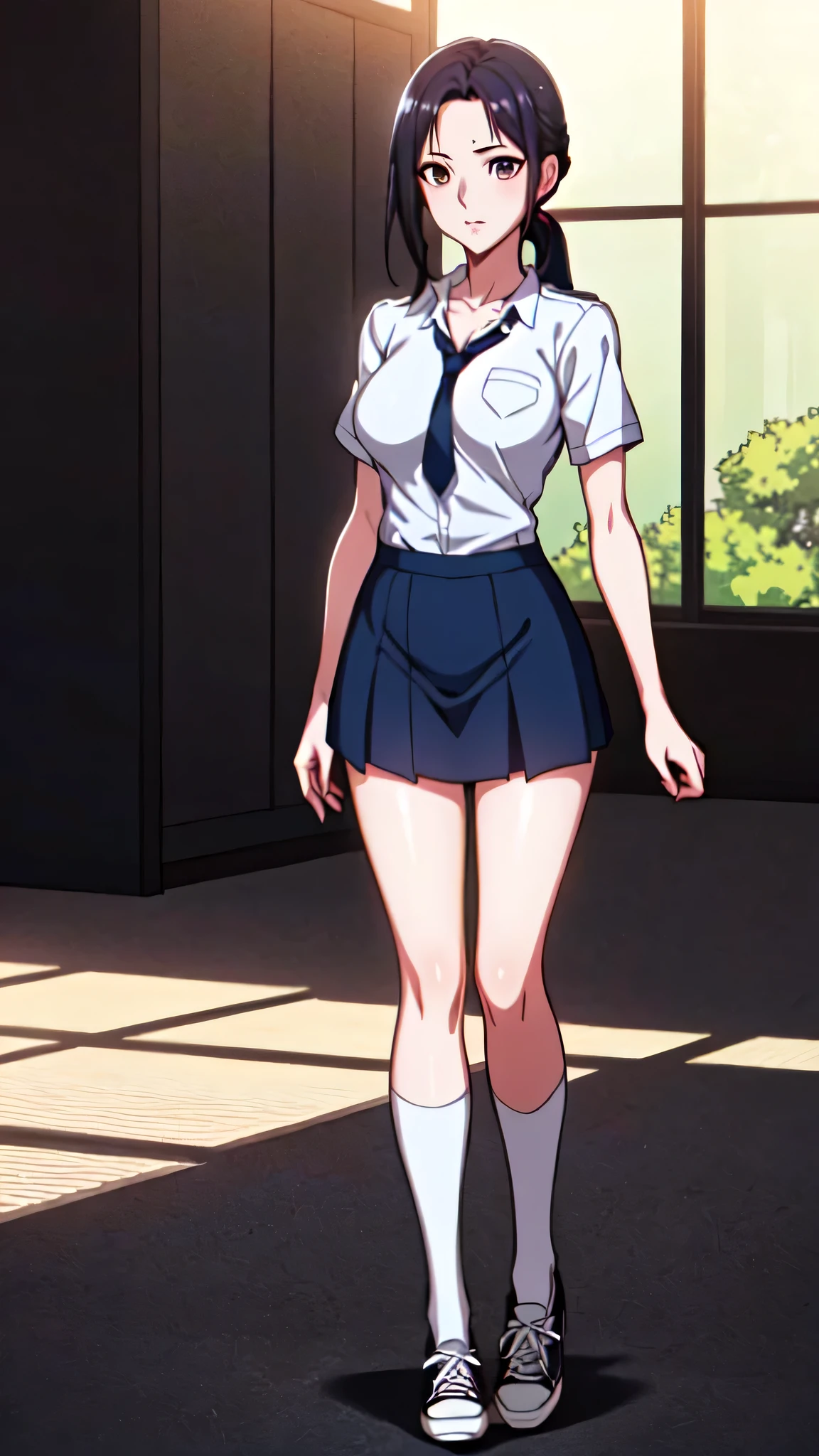 (best quality:1.5, highres, UHD, 8K, detailed lighting, ((ultra high quality)), ((ultra detail)), 1 girl solo, perfect body, anime girl with ponytail and tie in a, black hair, anime moe artstyle, as an anime character, wearing medium skirt, wearing a, nagatoro, an anime girl, cel shaded anime, wearing japanese , Ezra scarlet, beautiful anime high school girl, ((uniform high school)), wearing short sleeve white shirt white tie, female anime character, anime character, in an anime style, ((full body)), converse, converse high, (medium breasts), highly detailed face, cool, tomboy