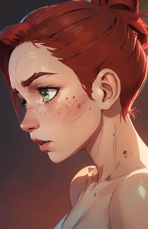 (((2 characters))), ((1guy, jon, a young guy in his 30s with asymmetric very short brown hair, green eyes, a flat nose, smooth skin, slim athletic body)), ((1girl, jennifer lawrence, 1girl, red haired chubby pale girl, green eyes, freckles, half asymetric red hair, cute, nude, small height, stain lipstick, long eyelashes, primer, cream eyeline, ((small breasts)), cute, beautiful, realistic style, highly detailed, 4k)), (((portrait close-up))), (((extremely exaggerated angry expression, profile perspective)))