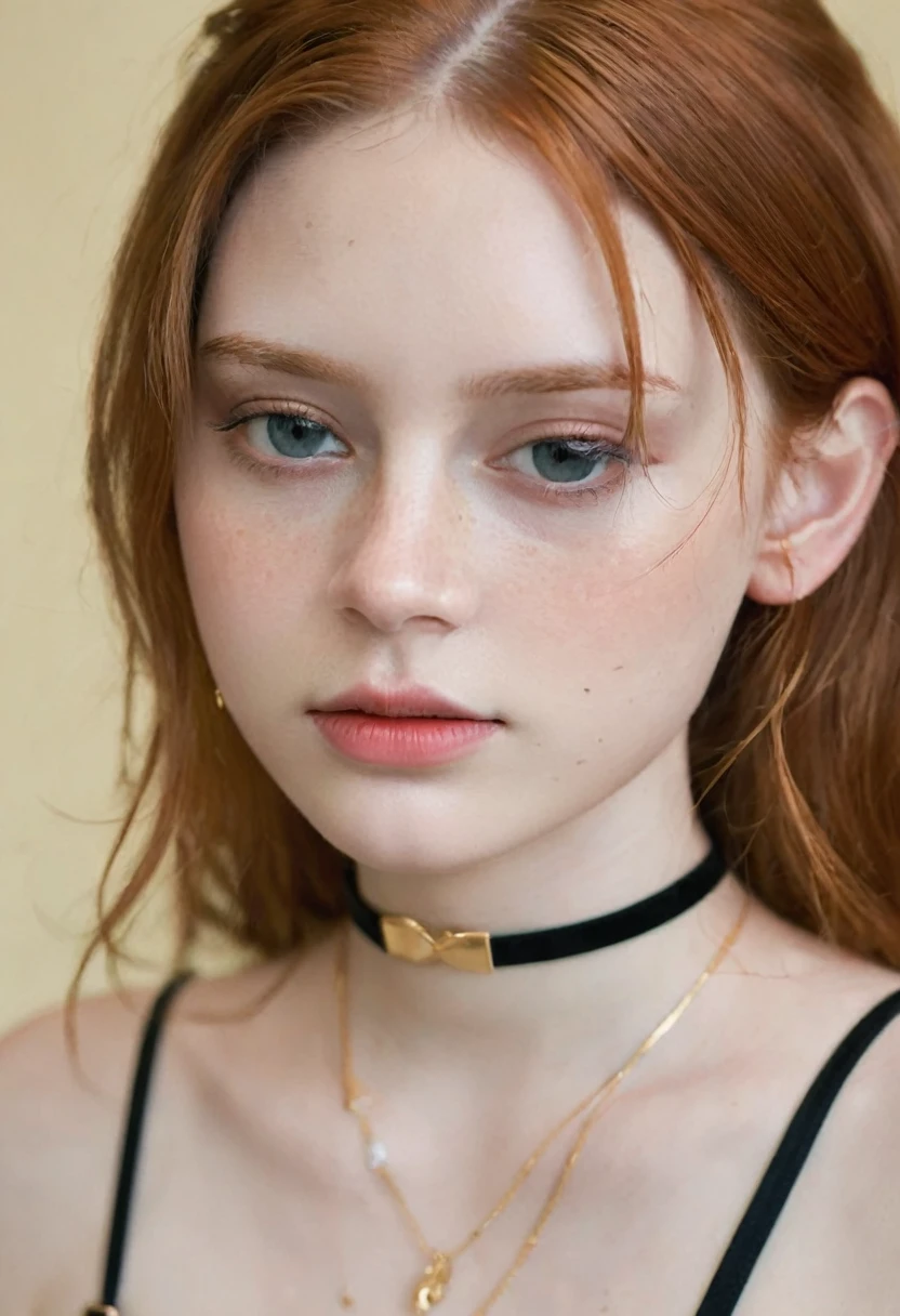 1 girl 18yo, bare shoulders, black choker, blurry background, blush, breasts, choker, cleavage, closed mouth, collarbone, earrings, forehead, freckles, hair over shoulder, jewelry, long hair, looking down, pointy nose,  lips glossy, shadow, solo, thick eyebrows, thick eyelashes, upper body, ginger hair, Best quality, masterpiece, ultra high res, (photorealistic:1.4)