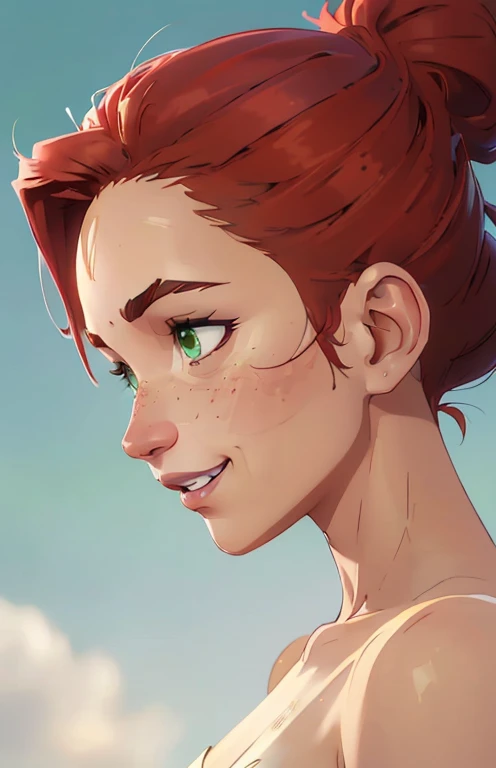 (((2 characters))), ((1guy, jon, a young guy in his 30s with asymmetric very short brown hair, green eyes, a flat nose, smooth skin, slim athletic body)), ((1girl, jennifer lawrence, 1girl, red haired chubby pale girl, green eyes, freckles, half asymetric red hair, cute, nude, small height, stain lipstick, long eyelashes, primer, cream eyeline, ((small breasts)), cute, beautiful, realistic style, highly detailed, 4k)), (((portrait close-up))), (((extremely exaggerated grin, profile perspective)))