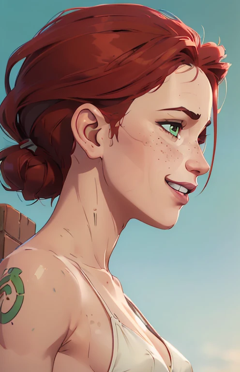 (((2 characters))), ((1guy, jon, a young guy in his 30s with asymmetric very short brown hair, green eyes, a flat nose, smooth skin, slim athletic body)), ((1girl, jennifer lawrence, 1girl, red haired chubby pale girl, green eyes, freckles, half asymetric red hair, cute, nude, small height, stain lipstick, long eyelashes, primer, cream eyeline, ((small breasts)), cute, beautiful, realistic style, highly detailed, 4k)), (((portrait close-up))), (((extremely exaggerated grin, profile perspective)))
