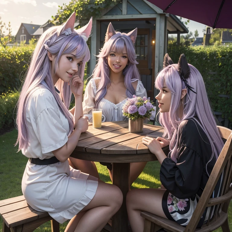 masterpiece, best quality,ultra-detailed,hyper details, cinematic light,, 3 beautiful black girls, solo, sit, outdoor, summerhouse, sitting outside the summerhouse, plants, table, umbrella, candle, wind, multi- color eyes, pan-pink purple silver hair, long hair, animal_ears, animal_ear_fluff, floating hair, laughing, profile,looking at viewer, dynamic_angle