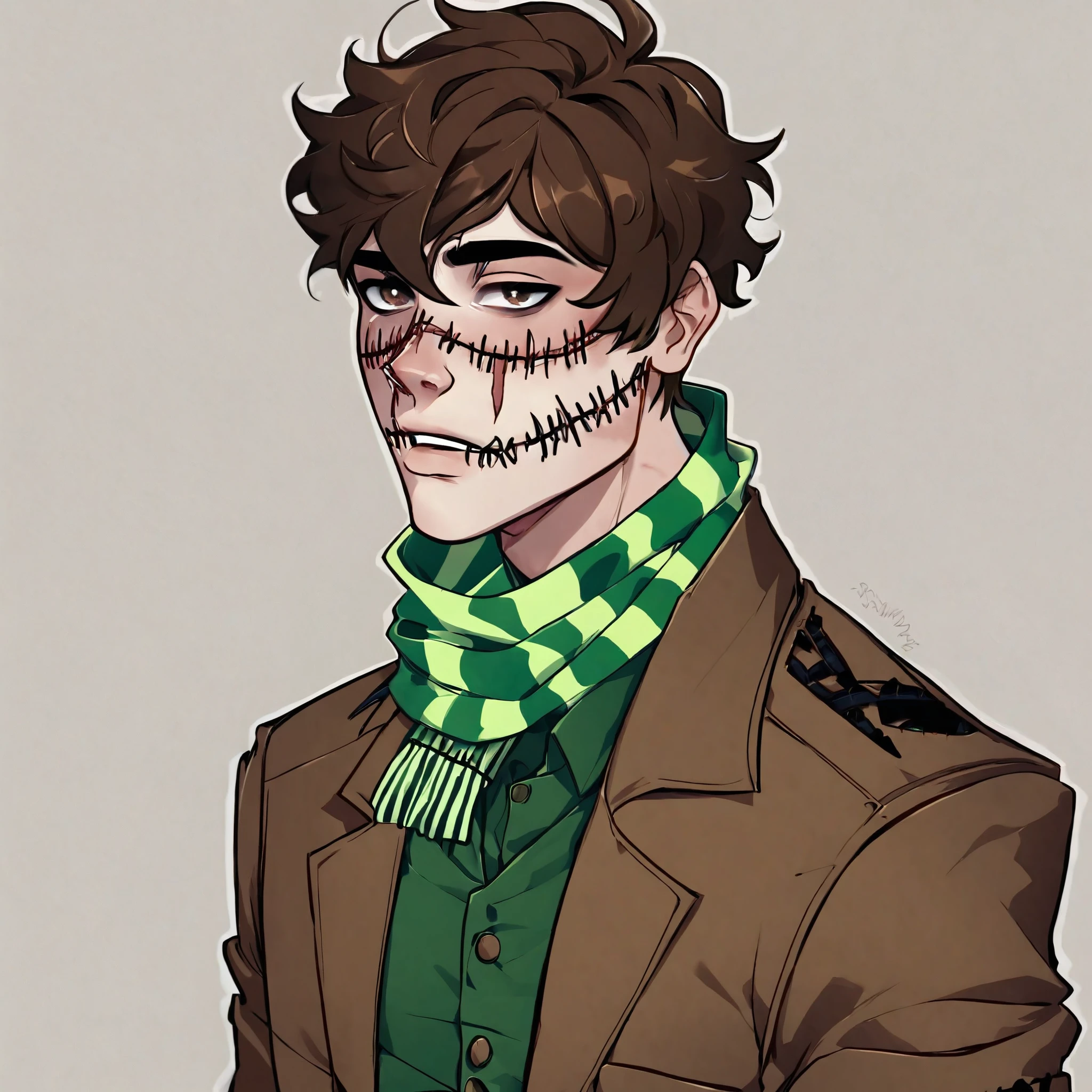 man, short brown hair, scarred face, stitches, striped scarf, green shirt, brown coat, half body