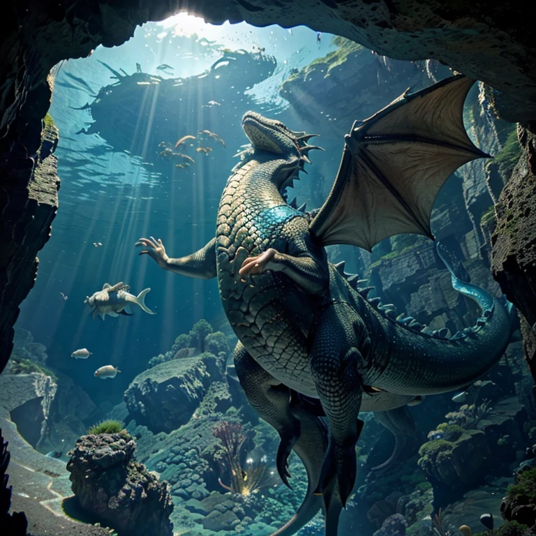 Underwater, deep water, looking up, aquatic dragon swimming overhead, looking at dragon from below, huge dragon, large powerful tail, dragon blocking light, focus on dragon, fish in background, rock ledges, seaweed, deep blue, breathtaking, gorgeous