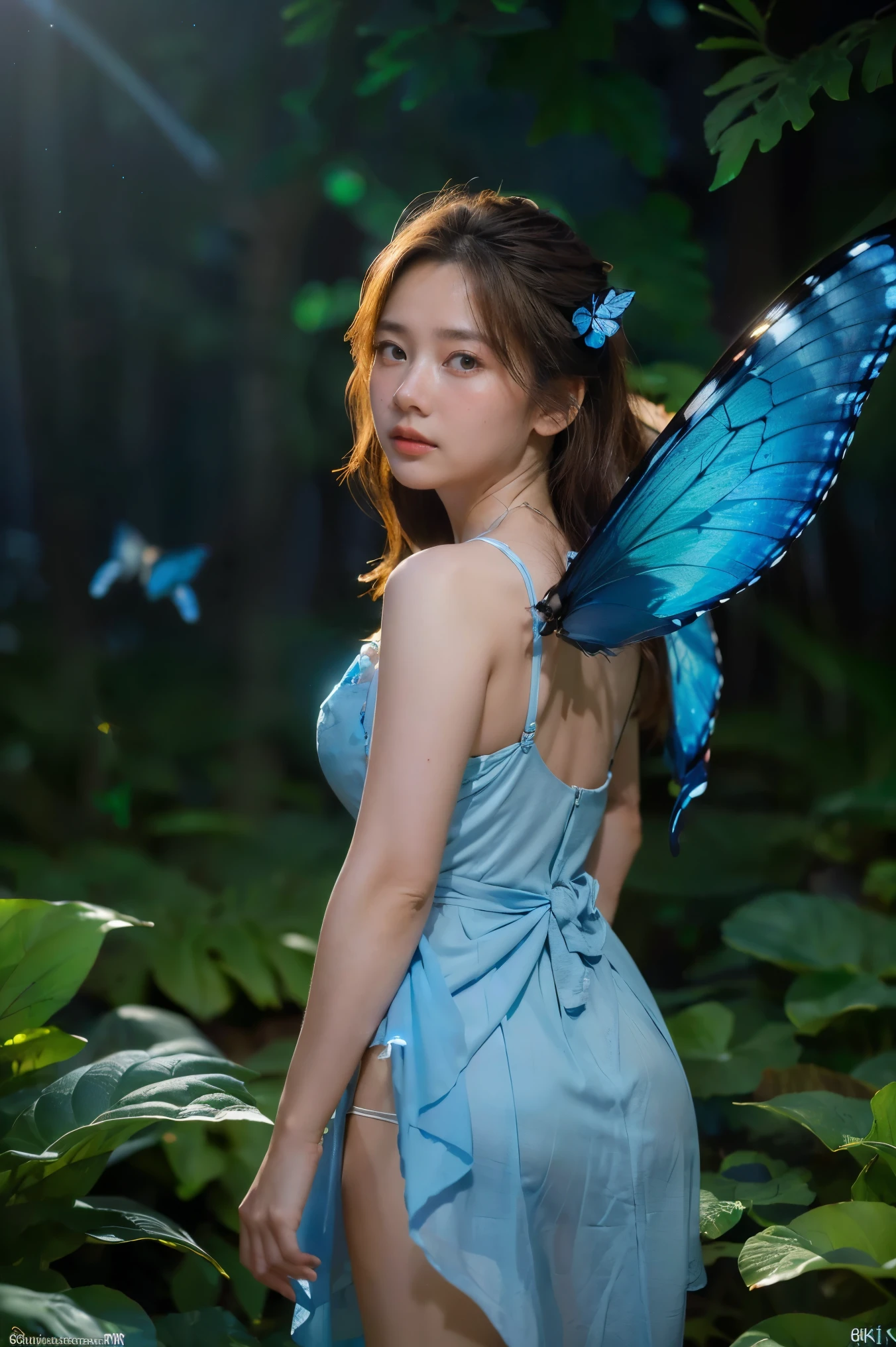 ((masterpiece, highest quality, Highest image quality, High resolution, photorealistic, Raw photo, 8K)), ((Extremely detailed CG unified 8k wallpaper)), A lone blue butterfly fluttering in the starry sky, Huge butterfly wings from the back, (blue glowing wings), Blue wings shining in the dark night, summer dress fluttering,