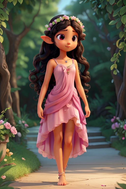 fairy, 12 years old, large prominent wings decorated with flowers and butterflies, discreet pointed elf ears, long black curly hair adorned with a flower crown giving a romantic air, long dress, fluid pink brown details, bare collarbone shoulders, pink flowers and green leaves decorating all the dresses, barefoot, ropes and flowers adorning ankle and arm, black eyes, perfect slightly tanned skin, realistic, long eyelashes, mesmerizing beauty, alone in the scene, full body, walking, facing the camera, looking forward , in studio, without scenery, opaque and vibrant colors, 8k