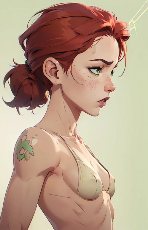 (((2 characters))), ((1guy, jon, a young guy in his 30s with asymmetric very short brown hair, green eyes, a flat nose, smooth skin, slim athletic body)), ((1girl, jennifer lawrence, 1girl, red haired chubby pale girl, green eyes, freckles, half asymetric red hair, cute, nude, small height, stain lipstick, long eyelashes, primer, cream eyeline, ((small breasts)), cute, beautiful, realistic style, highly detailed, 4k)), (((portrait close-up))), (((extremely exaggerated angry expression, profile perspective)))