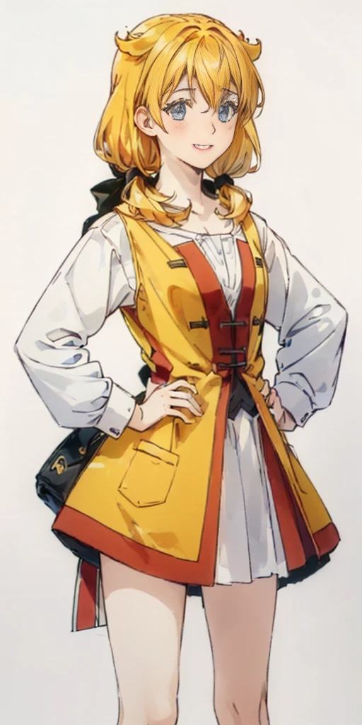 (((Plain background 1:2))) (masterpiece, high quality: 1.1) (Roxanne), 1girl solo fluffy dog ears, twin tails, blue eyes, blonde hair, blush, surrounded by sunflowers in a bright field, smiling red cheeks with hands on hips