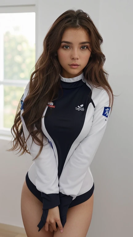 xoaeriel, a beautiful woman with brown wavy hair, ojos azules, nariz redonda, vistiendo un cohete de equipo,uniforme del equipo cohete,falda blanca,letra roja R,top corto,medias negras hasta el muslo,guantes negros hasta el codo,hiperealista