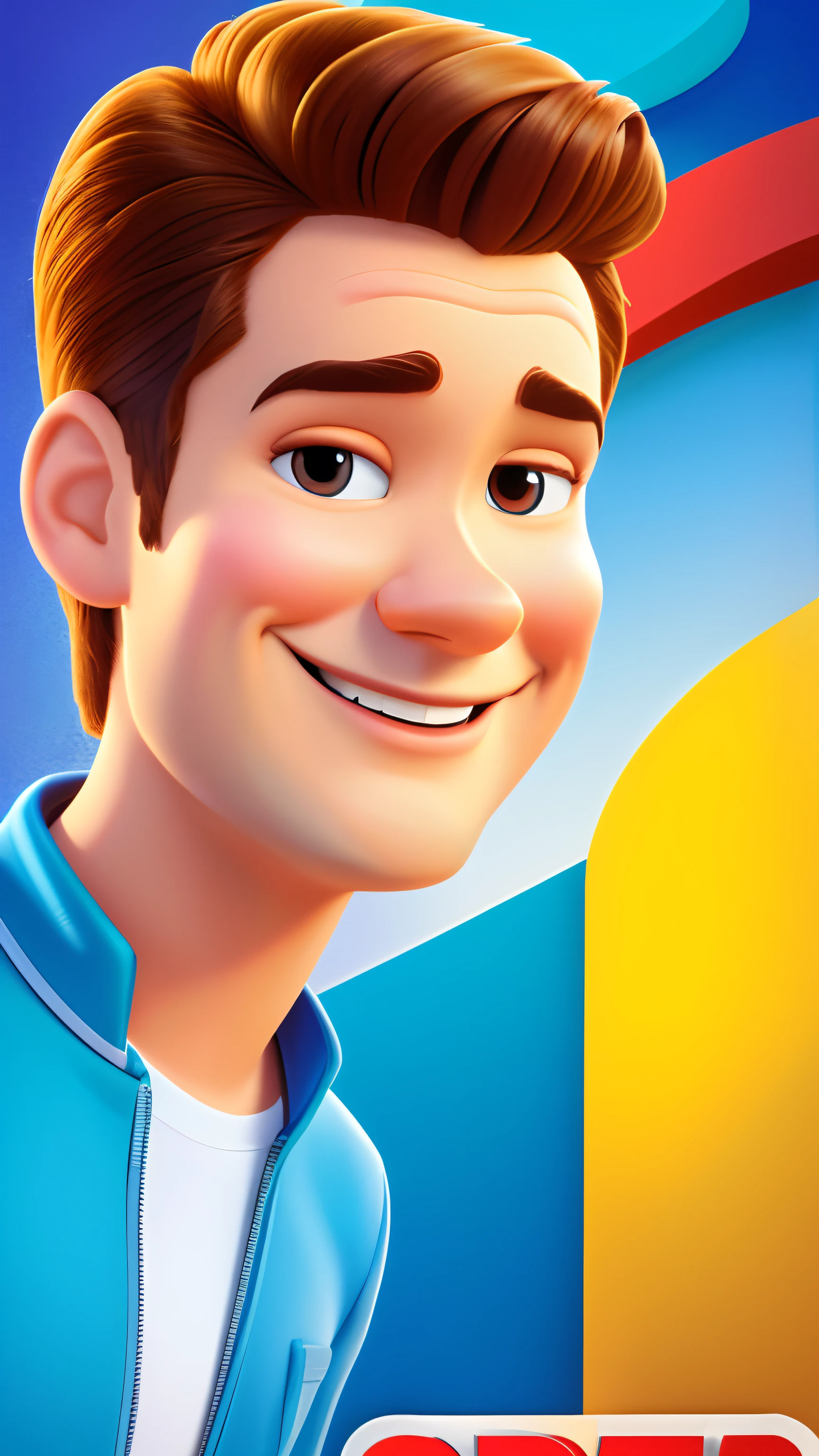 Disney Pixar style 3D rendering poster with happy adorable man smiling, alto, delgado, white with wavy dark brown hair, nariz estilo romano. Disney Pixar cartoon-style children's animation, personajes de pixar, Personajes de caricatura