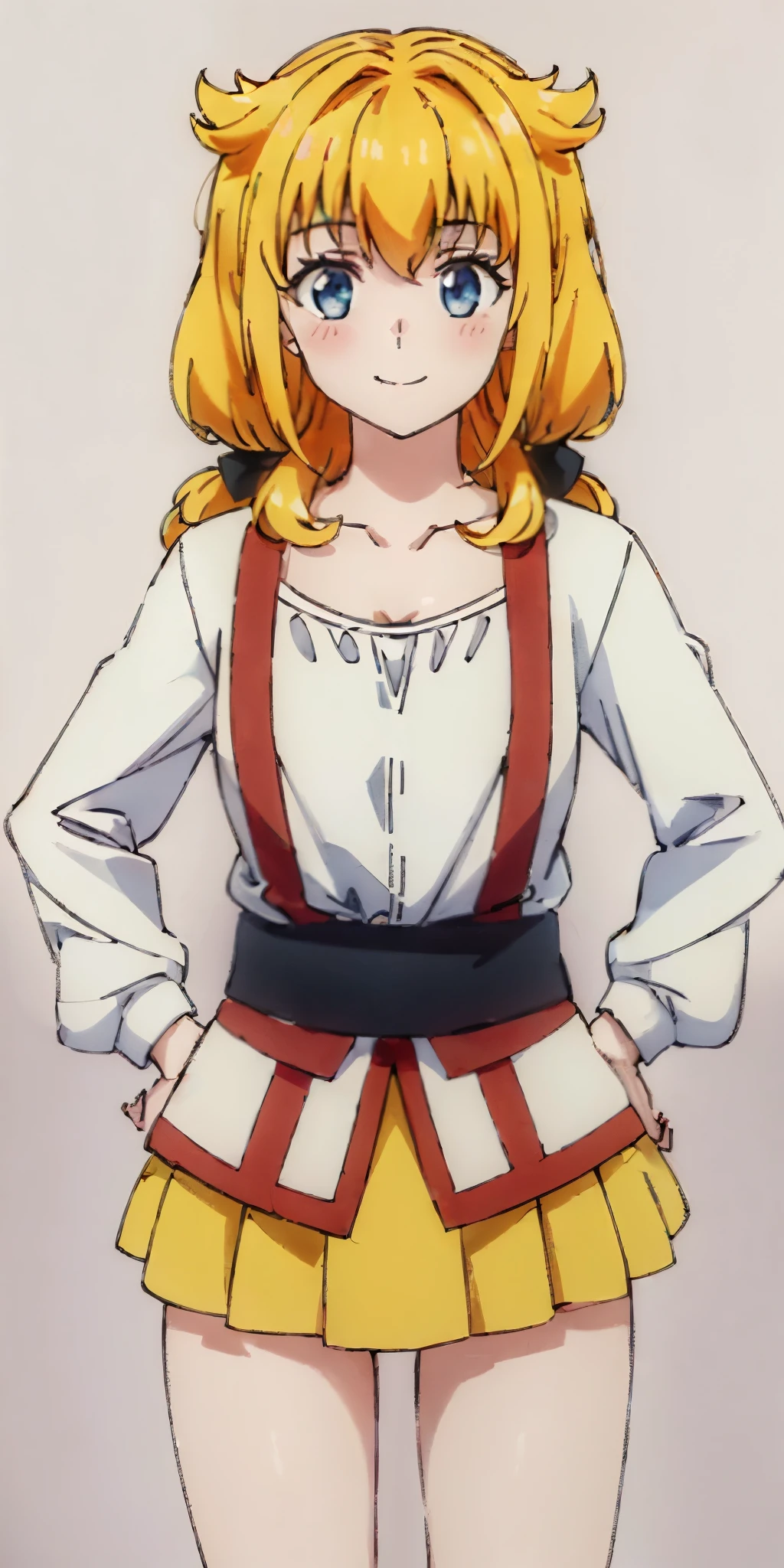 (((Plain background 1:2))) (masterpiece, high quality: 1.1) (Roxanne), 1girl solo fluffy dog ears, twin tails, blue eyes, blonde hair, blush, surrounded by sunflowers in a bright field, smiling red cheeks with hands on hips