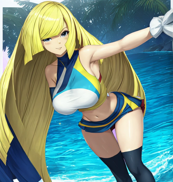 (Lusamine), beautiful,masterpiece, (smir),((gigantic breasts)),smile,best quality, solid pink crop top, outdoors,sunny,(1girl:1.3), wide hips, loose top,  girl, hyper realistic, ((cheerleader)), bending forward, partially breasts, boob window, volleyball size breasts, Slutty, slutty expression