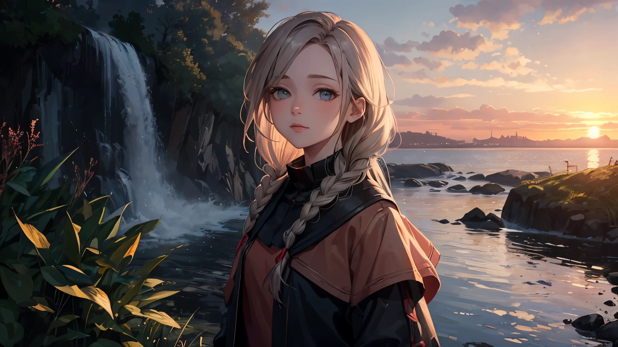(masterpiece misguided style, best quality, dusk:1.3), a cute irish girl, portrait-type, copper, chubby, , gray waterfall braid, sunset background, Exquisite, trending on CGSociety