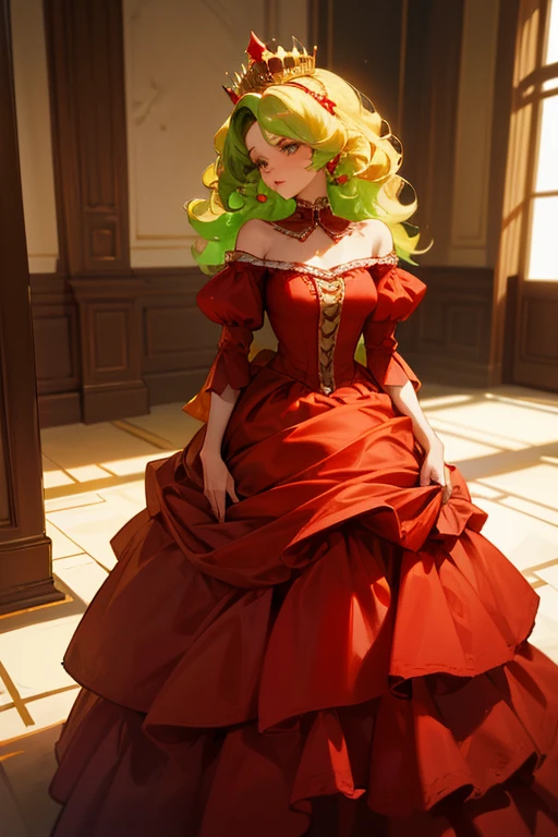 ((best quality)), ((masterpiece)), (detailed), absurdres, ((1 girl)), 1girl, solo, 4k, glamour photo of a short heavyset chubby green goblin girl wearing a large gorgeous bright yellow flowing ballgown, (black hair), (green skin:1.4), yellow eyes, freckles, shy, bashful, soft lighting, romantic lighting, wearing ornate ball gown, at a nighttime palace garden party in the Bridgerton tv show, disney princess dress, starring in Bridgerton, white pantyhose, yellow high heels, jewelry, g0wn, gown, yellow gown, bare shoulders, elbow gloves, voluminous, cleavage, looking at viewer, jewelry, gold necklace, (small ears), night, moonlit, dark, sexy, shy