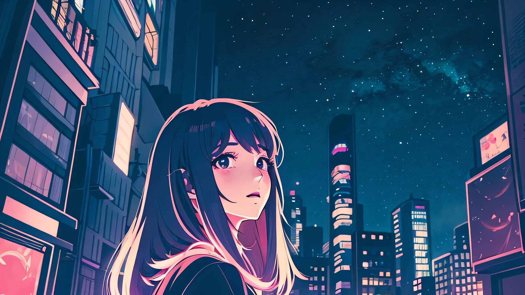 A pretty anime-style woman looking sadly up at the night sky in a corner of a futuristic city、In the style of illustrations