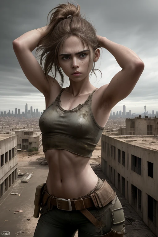 Los 100..la serie, adolesente, , cara hermosa, cuerpo perfecto, explorando, pose de batalla,ciudad abandonada, mejor calidad, obra maestra, destalles finos, ultra detallada,