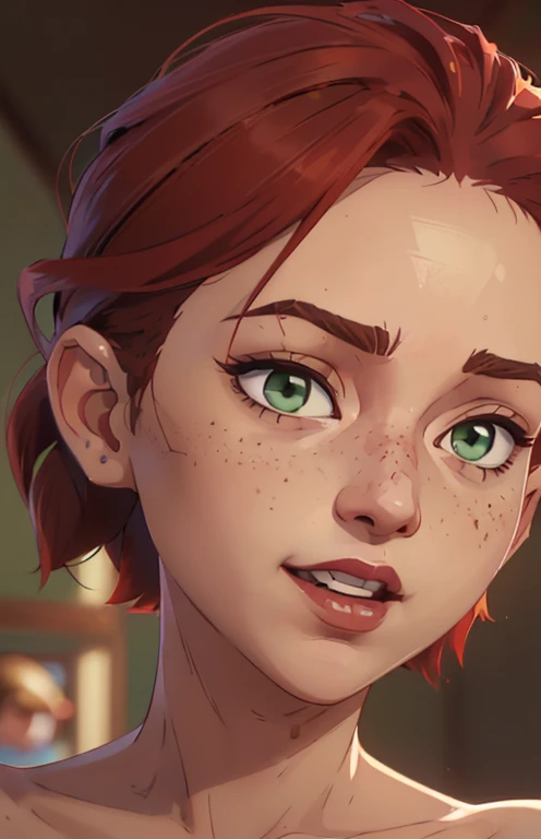 (((2 characters))), ((1guy, jon, a young guy in his 30s with asymmetric very short brown hair, green eyes, a flat nose, smooth skin, slim athletic body)), ((1girl, jennifer lawrence, 1girl, red haired chubby pale girl, green eyes, freckles, half asymetric red hair, cute, nude, small height, stain lipstick, long eyelashes, primer, cream eyeline, ((small breasts)), cute, beautiful, realistic style, highly detailed, 4k)), (((portrait close-up))), (((exaggerated laugh, looking down))) 