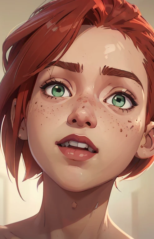 (((2 characters))), ((1guy, jon, a young guy in his 30s with asymmetric very short brown hair, green eyes, a flat nose, smooth skin, slim athletic body)), ((1girl, jennifer lawrence, 1girl, red haired chubby pale girl, green eyes, freckles, half asymetric red hair, cute, nude, small height, stain lipstick, long eyelashes, primer, cream eyeline, ((small breasts)), cute, beautiful, realistic style, highly detailed, 4k)), (((portrait close-up))), (((exaggerated laugh, looking up, perspective from bottom)))