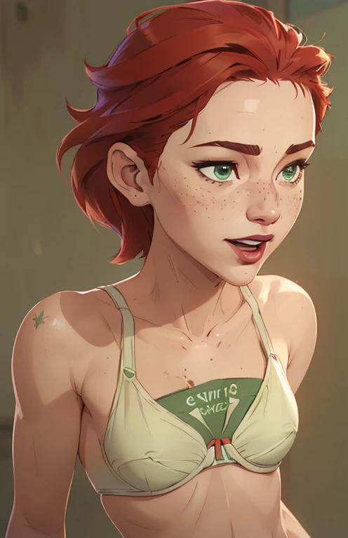 (((2 characters))), ((1guy, jon, a young guy in his 30s with asymmetric very short brown hair, green eyes, a flat nose, smooth skin, slim athletic body)), ((1girl, jennifer lawrence, 1girl, red haired chubby pale girl, green eyes, freckles, half asymetric red hair, cute, nude, small height, stain lipstick, long eyelashes, primer, cream eyeline, ((small breasts)), cute, beautiful, realistic style, highly detailed, 4k)), (((portrait close-up))), (((exaggerated laugh, looking up, perspective from bottom)))