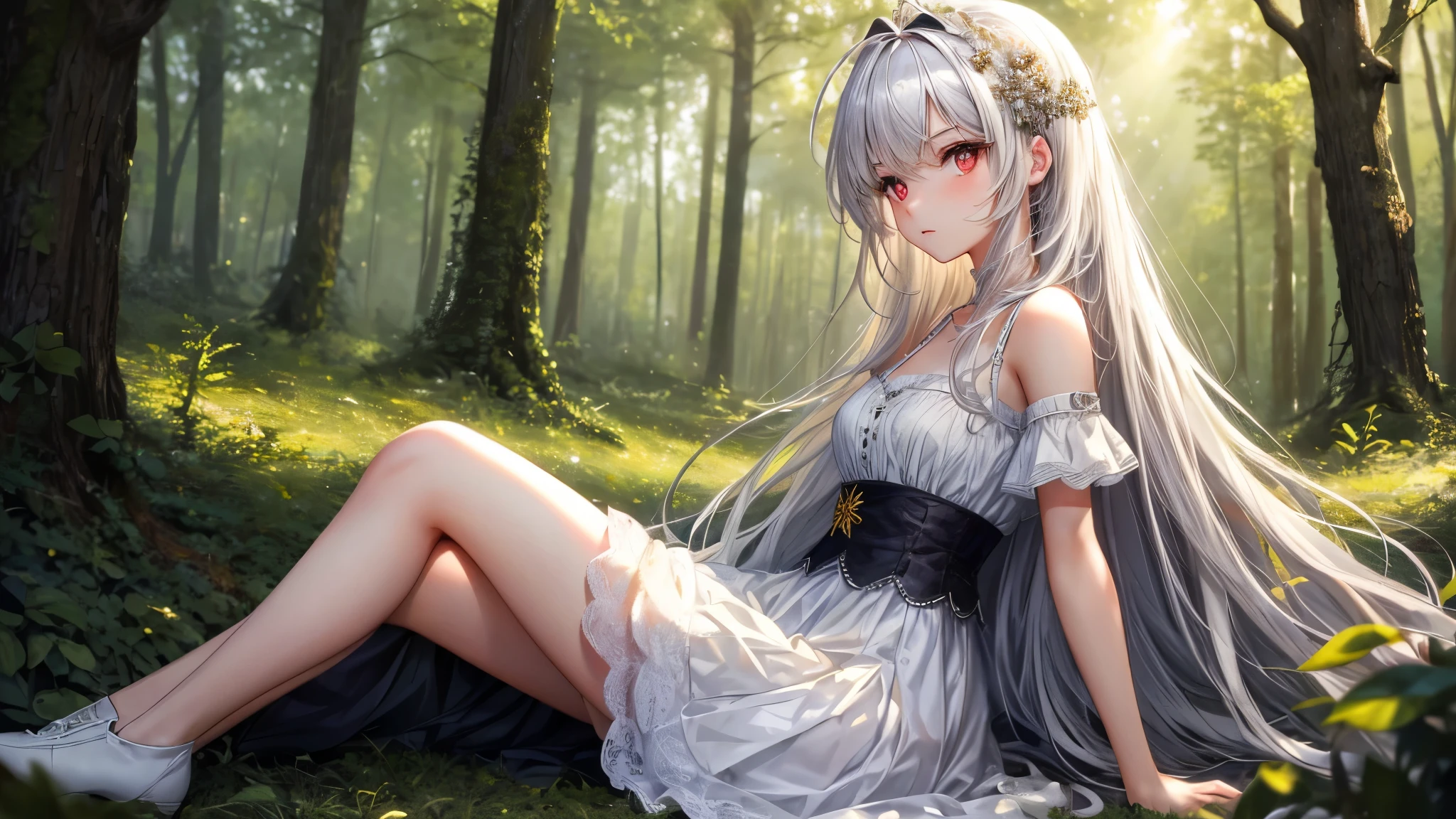 ((masterpiece)), (High resolution), (highest quality), (super detailed), (figure), original, Highly detailed 8K wallpaper, ((1 girl)), (very delicate and beautiful), forest, sunlight, particles of light, ,cute, ((messy hair)), very long bright white hair, red eyes, bare shoulders ,delicate legs, black skirt ,looking at the viewer, Looks straight into your eyes, her gaze is directed at you, sitting,from the side from the side, small breasts,