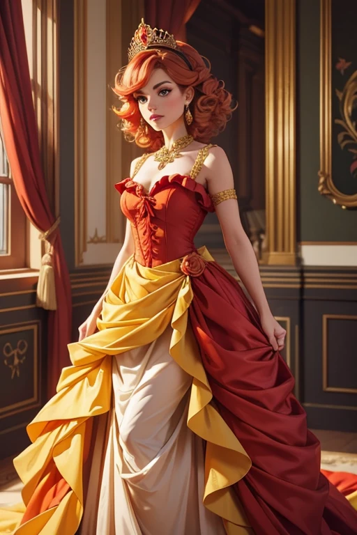 In a luxurious room, a beautifully dressed female character stands. She wears a crown atop her head, and her gorgeous dress combines shades of red and light green. The dress features ruffles at the shoulders and a large yellow ribbon at the hem. Her medium, wavy, and curly hair is rendered with realistic color and texture.