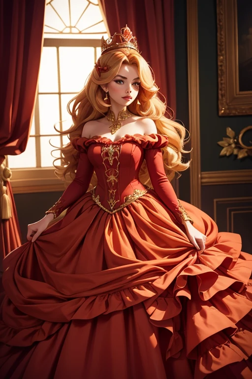 In a luxurious room, a beautifully dressed female character stands. She wears a crown atop her head, and her gorgeous dress combines shades of red and light green. The dress features ruffles at the shoulders and a large yellow ribbon at the hem. Her medium, wavy, and curly hair is rendered with realistic color and texture.