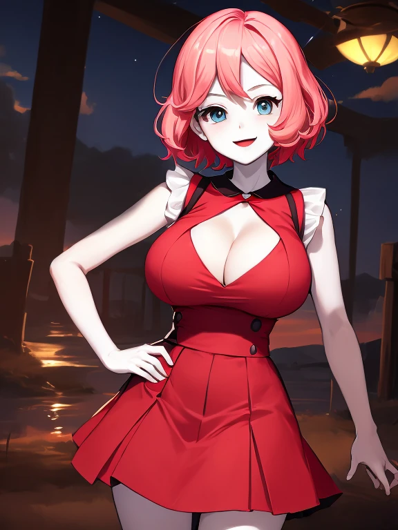 masterpiece, best quality, highres, ((serena)) \(pokemon\), short hair, blue eyes, 1girl, solo, smile, pink top, hand on hip, hand holding chest, indoors, wide hips, ((gigantic cleavage))