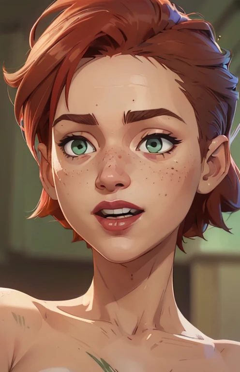(((2 characters))), ((1guy, jon, a young guy in his 30s with asymmetric very short brown hair, green eyes, a flat nose, smooth skin, slim athletic body)), ((1girl, jennifer lawrence, 1girl, red haired chubby pale girl, green eyes, freckles, half asymetric red hair, cute, nude, small height, stain lipstick, long eyelashes, primer, cream eyeline, ((small breasts)), cute, beautiful, realistic style, highly detailed, 4k)), (((portrait close-up))), (((exaggerated laugh, looking down, perspective from top)))