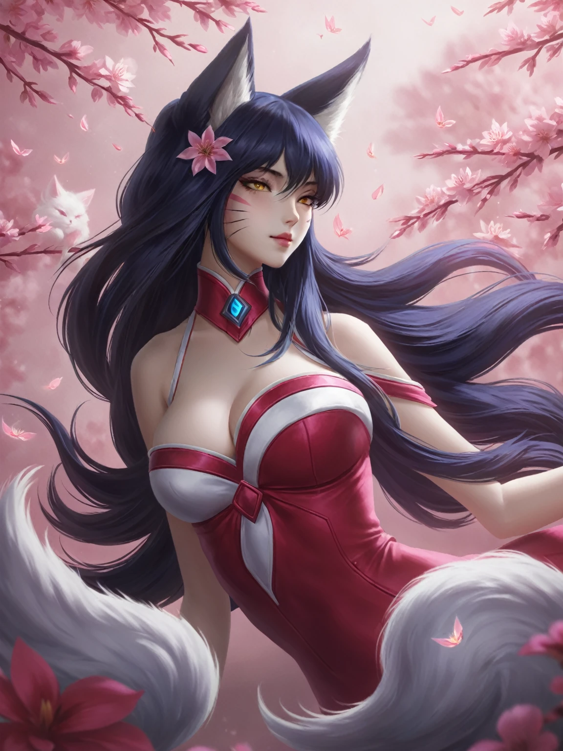   Beautiful black Kitsune, red eyes, highly detailed face, highly detailed eyes, big breasts, sexy figure, mature woman, several black kitsune tails, soft long Black Kitsune ears, Wearing Red And Black Race Suit, wide waist