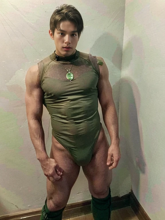 A hansome man in style,(in English: Green Lantern) is a DC Comics superhero.  lined lips, sexy tight green leotard, covered navel,  muscular, tight skin, All green sexy wear , muscular man,  Looking at the Viewer,  (realism: 1.5), (Realisitc: 1.4), (Absurdity: 1.4), 8k, ultra-detailed, Detailed handsome man, (Only one:1.4), (Viewer facing:1.2),( full length shot(fls)) ,thick thighs ,( wide hips ,wide pelvis) , sexy,  Nsfw , eroticism , bare thighs , fucking sexy!!!, only boy , exposed , handsome Korean boy，puffy nipples , swollen nipples, buzz cut , (kinky grins)