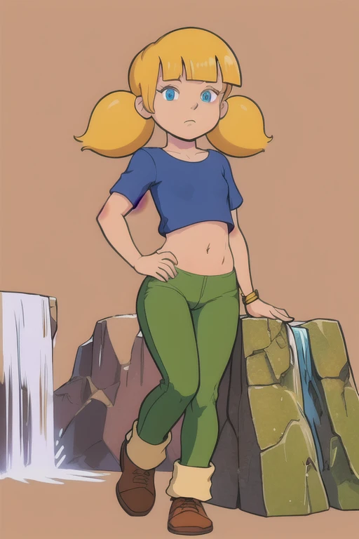 masterpiece, best quality, 1girl, penny, blonde hair, twintails, blunt bangs, blue eyes, green pants, brown shoes, (wristwatch:0.6), full body, standing, contrapposto,  solo, simple background running pose, waterfall background, flat torso, ass, sitting in knees, nude body 