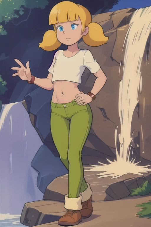 masterpiece, best quality, 1girl, penny, blonde hair, twintails, blunt bangs, blue eyes, green pants, brown shoes, (wristwatch:0.6), full body, standing, contrapposto,  solo, simple background running pose, waterfall background, flat torso, ass, sitting in knees, nude body 