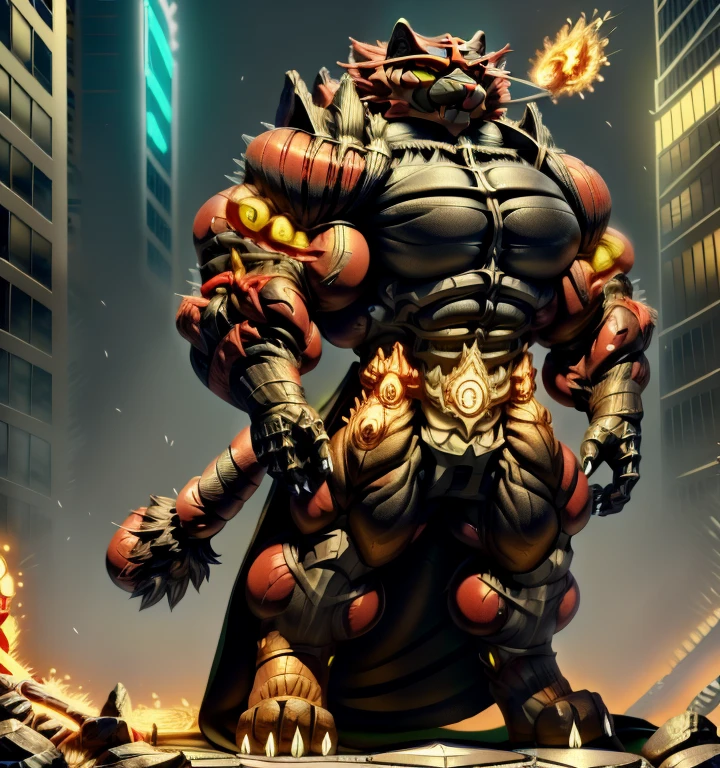 (masterpiece, best quality, detailed:1.2) (Pokémon) detailed full body, incineroar, full body, Furry Heroes, sparkling skin, Vibrant colors, 4K,Its full plate armor emphasizes the muscles. a knight's mechanical armor, glowing wide and heavy armor, Gigantic incineroar, big muscle (pecs, triceps, traps) unusually developed muscular body, body full of huge muscles. showing off muscles, pectorales enormes. Exaggeratedly huge muscles. Gigachad Muscular, whole body shines like metal. He wears a black cloak on his back. The cloak is so long that it touches the ground, futuristic city, Main is RED COLOR, black bodysuit, fire belt, nj5furry