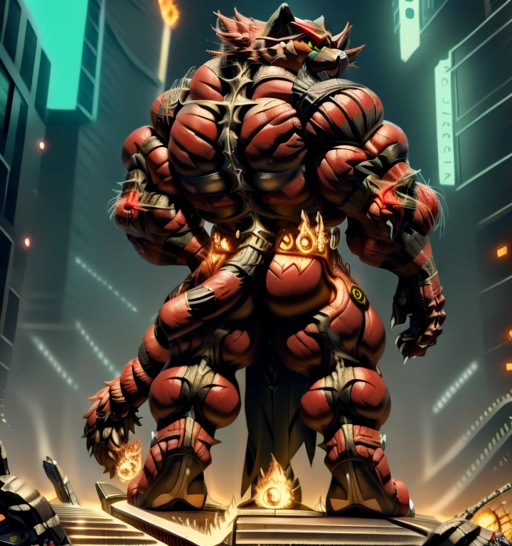 (masterpiece, best quality, detailed:1.2) (Pokémon) detailed full body, incineroar, full body, Furry Heroes, sparkling skin, Vibrant colors, 4K,Its full plate armor emphasizes the muscles. a knight's mechanical armor, glowing wide and heavy armor, Gigantic incineroar, big muscle (pecs, triceps, traps) unusually developed muscular body, body full of huge muscles. showing off muscles, pectorales enormes. Exaggeratedly huge muscles. Gigachad Muscular, whole body shines like metal. He wears a black cloak on his back. The cloak is so long that it touches the ground, futuristic city, Main is RED COLOR, black bodysuit, fire belt, nj5furry